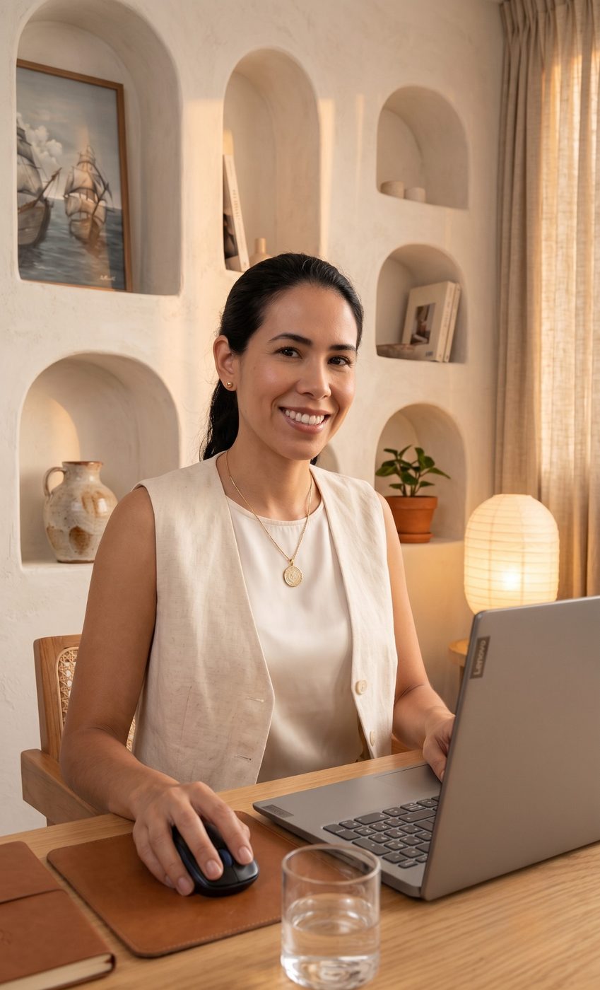 Verónica no computador, pronta para a conversa inicial