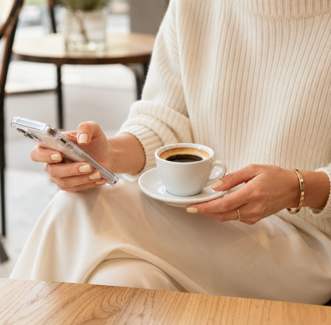 Mãe com o celular na mão, tomando um café