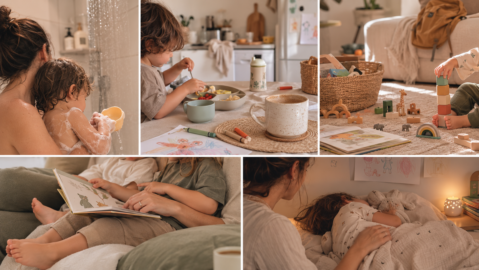 Momentos da rotina em família: banho, refeição, brincadeira, leitura e hora de dormir