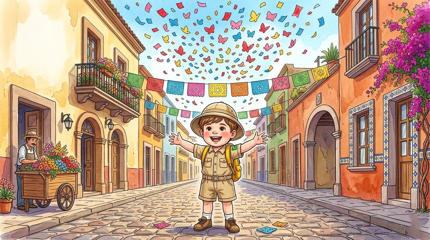 Samuel numa rua colorida do México com papel picado